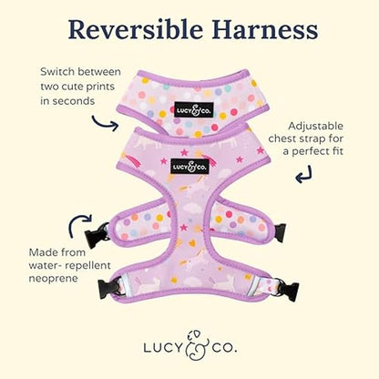 Lucy & Co. Cute Reversible Dog Harness Walking Halter - Best Designer Pet Harnesses for XS - XL Dogs - Padded Adjustable Vest for Easy Walking (Medium, Unicorn Magic - Purple & Pink Unicorns)
