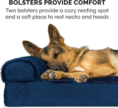 Furhaven Orthopedic Dog Bed for Large Dogs w/ Removable Bolsters & Washable Cover, For Dogs Up to 125 lbs - Plush & Velvet L Shaped Chaise - Deep Sapphire, Jumbo Plus/XXL