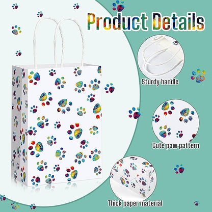 Blulu 20 Pcs Puppy Dog Paw Gift Bags with Paper Twist Handles, Dog Gift Paper Paw Treat Goodie Bags for PET Treat Party Favor, 6.3 x 3.1 x 8.6 Inch(Dazzling Paws)