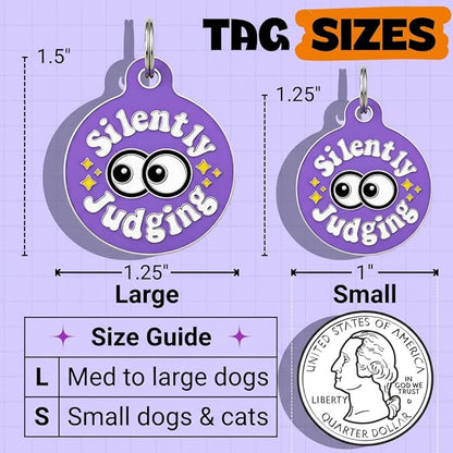 Bad Tags Personalized Dog and Cat ID Tags in 25+ Designs and 2 Sizes - 5 Lines of Custom Engraved Text - Funny Cute Personalized Pet Tags (Silently Judging - Purple, Small (1 inch))