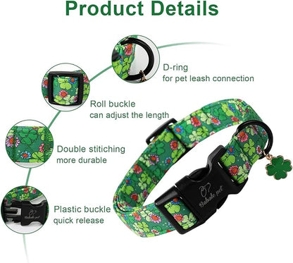 St Patricks Day Dog Collar for Small Dogs - Lucky Flower Shamrock Green Dog Collars, Cute Irish Clover Puppy Collar with Quick Release Buckle for Girls&Boys Dogs S