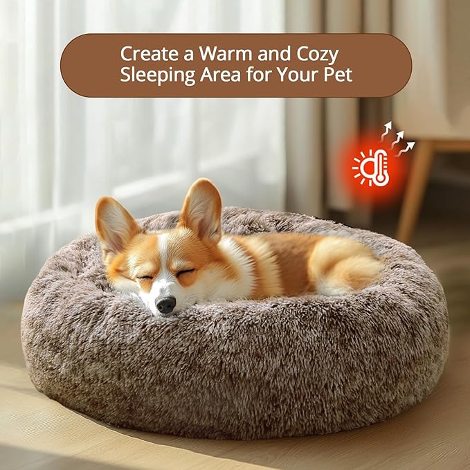 JOLLYVOGUE Calming Dog Bed Medium Size Dog, Anti-Anxiety Donut Medium Pet Bed, 27 inches Fluffy Faux Fur Round Cat Bed (Smoke Brown)