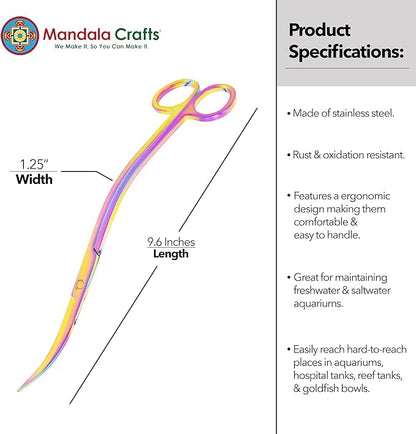Mandala Crafts Rainbow Stainless Steel Curved Aquarium Scissors for Trimming Aquatic Plants – Wave Aquascape Scissors for Fish Tanks, Hospital Tanks, Goldfish Bowls, Aquariums, and Terrariums