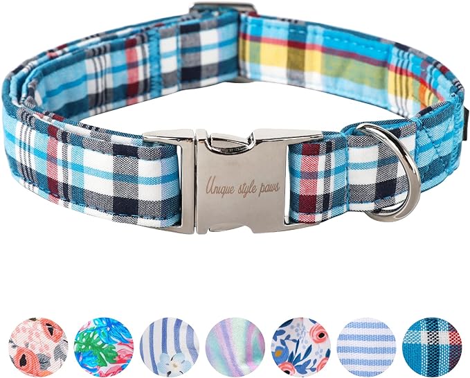 Unique Style Paws Dog Collar with Metal Buckle - Blue Plaid Collar Gift for Small, Medium & Large Dogs