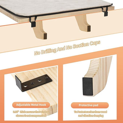 PETSFIT Cat Window Perch, Natural Solid Wood Cat Hammock with Removable Fleece Mat, Easy to Assemble Window Perch for Large Cats, Fits Windowsill, Bedside & Drawer