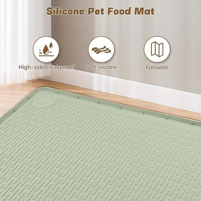 Cat Food Mat, 34" x 22" Large Silicone Pet Feeding Mat for Food and Water Bowls Non-Slip, Easy to Clean (Green)