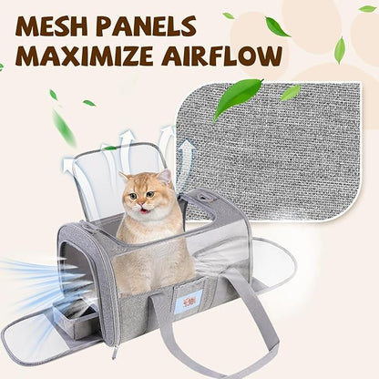 Cat Carrier Soft for Pets Up to 25 Lbs, Cat Travel Bag with Padded Shoulder Strap and Detachable Cat Food Bowl, Pet Dog Carriers for Small Dogs Travel Puppy Carry Airline Approved, Grey