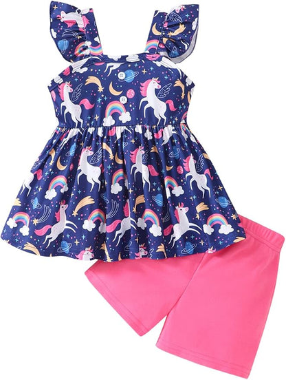 Toddler Baby Girls Summer Clothes Outfits Ruffled Sleeve Dinosaur Shirt Leopard Tops and Shorts Pants Sets 2PCS