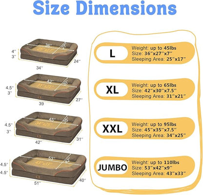 Washable Orthopedic Large Dog Bed - Big Dog Beds with Removable Waterproof Cover and Non-Slip Bottom XL Large Pet Beds with Bolster Extra Large Dogs Bed