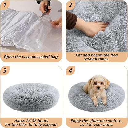 JOLLYVOGUE Calming Dog Bed for Small Dogs - 23 inches Donut Washable Small Dog Bed for Kittens & Puppies, Anti-Slip Round Fluffy Plush Faux Fur Cat Beds (Fits up to 25 lbs Pets, Grey)