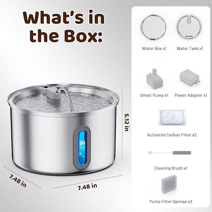 Cat Water Fountain Stainless Steel, 3.2L Cat Fountains for Drinking with Smart Quiet Pump and Water Level Window, Easy-to-Clean Automatic Pet Water Dispenser for Indoor Use, 2 Filters
