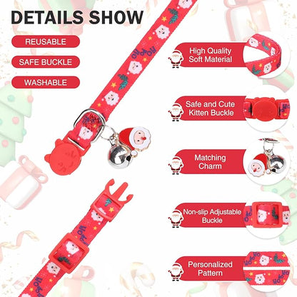 3 Pack Christmas Cat Collars Breakaway with Bell & Charm-Holiday Cat Collar for Girl Boy Cats with Safety Buckle- Cute Santa Snowman Kitten Collar Adjustable 8"-12" for Kitty Puppy Small Pets