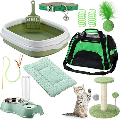 Eccliy Kitten Starter Kit, 10 Pcs Cat Starter Kit for Indoor Cats Kitten Essentials Includes Litter Box, Pet Toy, Folding Carrier, Climbing Frame, Mat, Collar, Automatic Food Bow(Classic,Green)