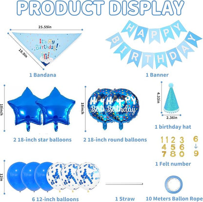 Dog & Cat Birthday Party Decorations Set Include Bandana, Adjustable Hat, Balloons, Happy Birthday Banner for Male and Female. Available for Small & Medium & Large Breeds (Blue)