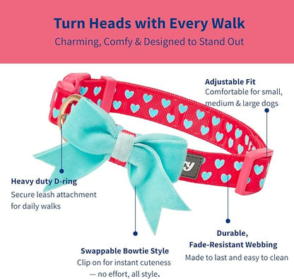 Blueberry Pet Dog Collar with Bowtie, Neck 14.5-20" Adjustable for Medium Dogs, Lust Red Heart Design, Valentines Day Girl Dog Collars, Non-Stretch, Secure Fit, Puppy & Female Dog Accessory