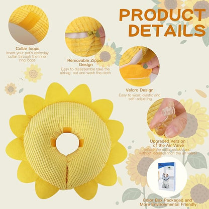 IEUUMLER Inflatable Recovery Dog Collar, Protective Donut Cone, Adjustable Soft Collar for Dog and Cat After Surgery Prevent from Biting & Scratching EU002 - Sunflower M+