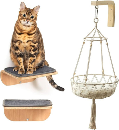 Cat Wall Shelves for Cat Wall Steps, Perch, Ladder, Wooden Floating Modern Mounted Space Saving Furniture with Scratching Cushion Removal Cover for Climbing, Jumping and Sleeping(Steps & Hammock)