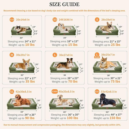 Comfort Expression Orthopedic Dog Bed for Large Dogs 36x27 Inch, Waterproof Supportive Egg Crate Foam Large Pet Bed with Removable Bolster, Dog Couch with Washable Cover & Non-Slip Bottom, Light Green