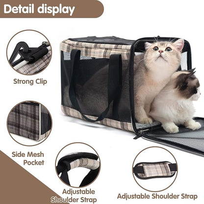 EXPAWLORER Large Cat Carrier Dog Carriers Soft for Small Medium Cats Puppies Up to 20lbs, Airline Approved Pet Carrier Soft-Sided Collapsible Pet Travel Carrier Fit 2 Kitties (Brown)