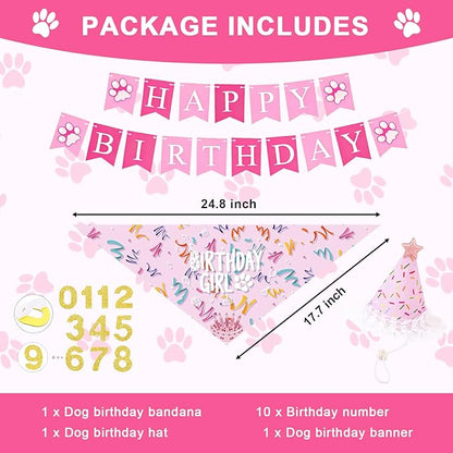 Dog Birthday Party Decorations, Adjustable Dog Bandana Set with Hat, Numbers, Banner for Pet Party Supplies Festive Accessories Large Medium Small Pet Puppy Dogs, Pink