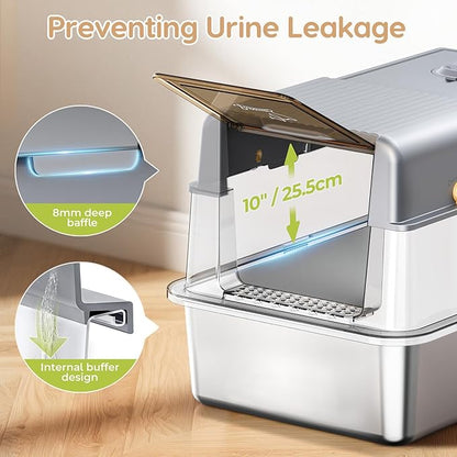 L7 Pro-Stainless Steel Litter Box with Lid, XXL Extra Large Enclosed Metal Cat Box for Kitty&Big Cats, Odor Control - Cat Litter Deodorizer, High Sided Enclosure with Scoop & Mat, Anti-Leakage-Grey