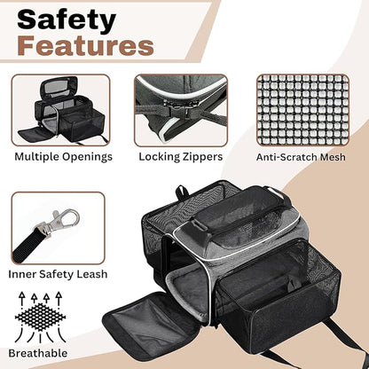 Airline Approved Top-Expanding Pet Carrier on Wheels- Extra Spacious Soft Lined Carrier! 18x11x11 (Grey, Expanding Sides)