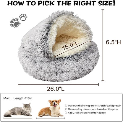 ShinHye Plush Fluffy Hooded Cat Bed Cave, Cozy for Indoor Cats or Small Dogs - Waterproof, Washable, 2626inch, Grey