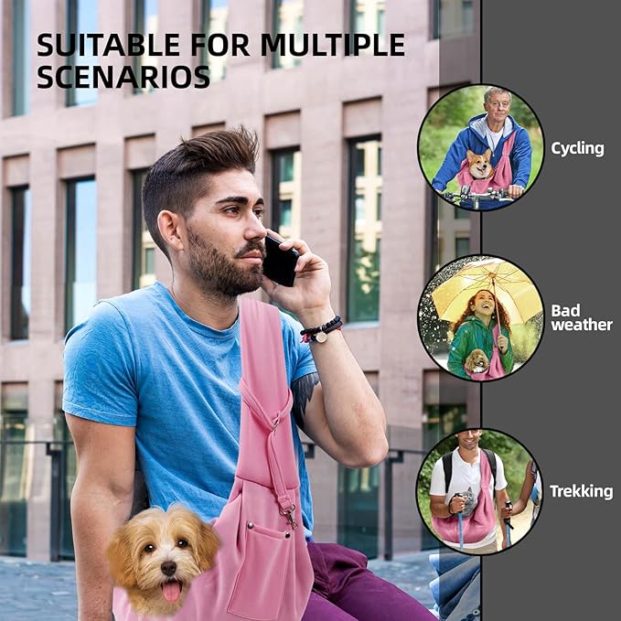 Dog Carrier Sling - Reversible Puppy Carrier Purse with Storage Pocket, Hand-Free Dog Sling Carrier for Carry Small Dogs and Cats, Travel Safety Harness, Dog and Cat Harness (Pink)