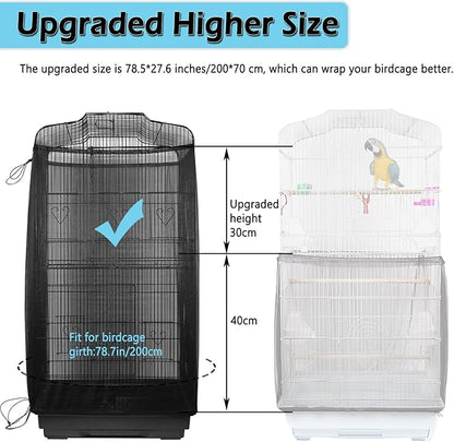ASOCEA Large Bird Cage Seed Cather,Bird Cage Cover Adjustable Soft Airy Skirt Guard Birdcage Nylon Mesh Net for Parrot Parakeet Macaw African Round Square Cages Cover (78.5 * 27.6in-Black)