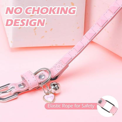 EXPAWLORER Halloween Leather Cat Collar - Adjustable Pet Collar with Rivet Spike for Girl Boy Cats, Punk Accessories with Bell & Durable D-Ring,Pink Square Nails