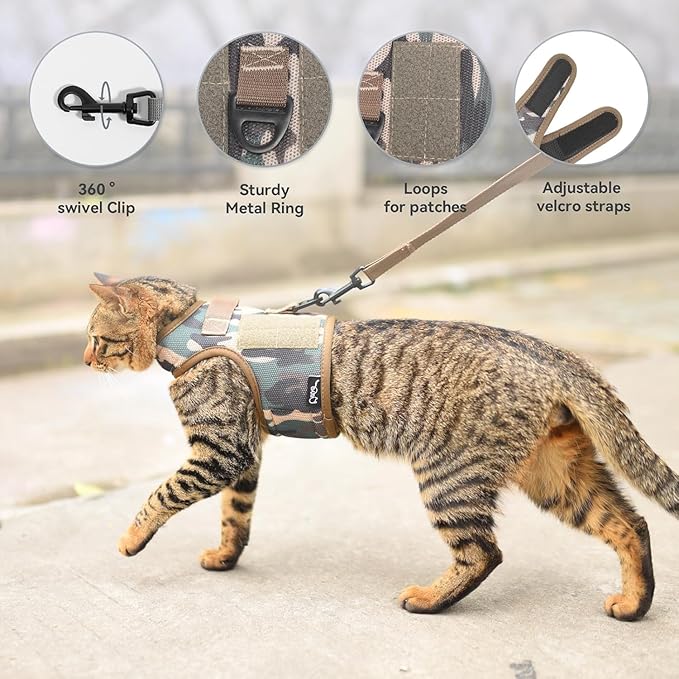 Tactical Cat Harness and Leash for Walking Escape Proof Breathable Mesh Fabric, Green Jungle Camo, XX-Large, Adjustable Cat Walking Jackets, Padded Stylish Cat Vest