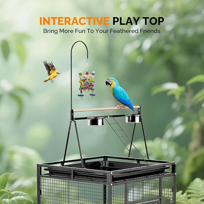 VINGLI 83 Inch Bird Cage with Play Top, Large Wrought Iron Bird Cage with Wheels, Rolling Parakeet Cage with Removable Tray for Cockatiels Lovebird Finches Canaries