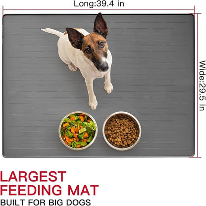 39.4"x29.5" Largest Pet Food Mat, Silicone Dog Mats for Food and Water, Nonslip Pet Feeding Mats for Floors,Dog Cat Bowl Mat with Raised Edges, Gray Green