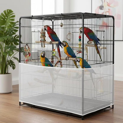 2pcs Large Bird Cage Seed Catcher Guards, Breathable Airy Nylon Mesh Material, Prevents Seed Mess, Acts as Stretchy Cage Guard, Fits Budgie, Cockatiel Various Bird Species (Black, White)