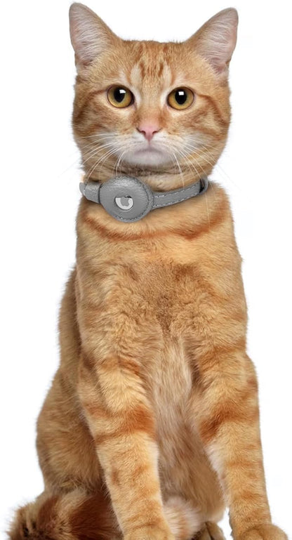 OOPSDOGGY Leather AirTag Cat Collar with Bell - Non Breakaway Kitten Collar with Apple Air Tag Holder - Lightweight GPS Pet Collars for Girl Boy Cats, Small Dogs, Puppies (Gray)