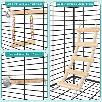 Bird Perches Ladder with Swing, Natural Wood Parrot Climbing Bridge Perch Toys, Exercise Play Stand Parakeet Cage Accessories for Budgie Cockatiel Green-Cheeked Conure Caique