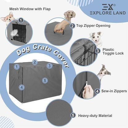 Explore Land Dog Crate Cover Heavy Duty Polyester Pet Kennel Sunshade Universal Fit for 54 inches Wire Cage (Grey)