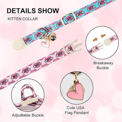 Unique Style Paws Pink Kitten Collars,Cute Valentine Cats Collar with Bell,Kitten Collar Breakaway Buckle with Heart Pattern,Adjustable Valentine Cat Collars,Ideal Gift for Boy Girl Cats