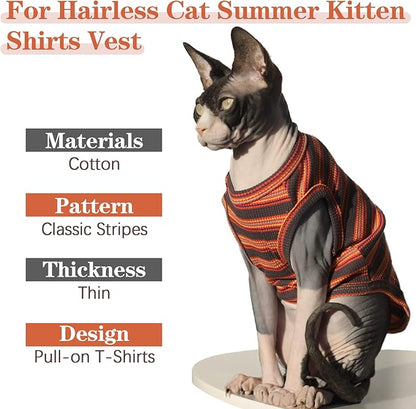 BRKURLEG Sphynx Hairless Cats Shirt Puppy Clothes Soft Cotton T-Shirts Cute Cats Pajamas Cat Stripes Vest Pet Sweater, Round Collar Vest Kitten Shirts(Red Stripes, S)