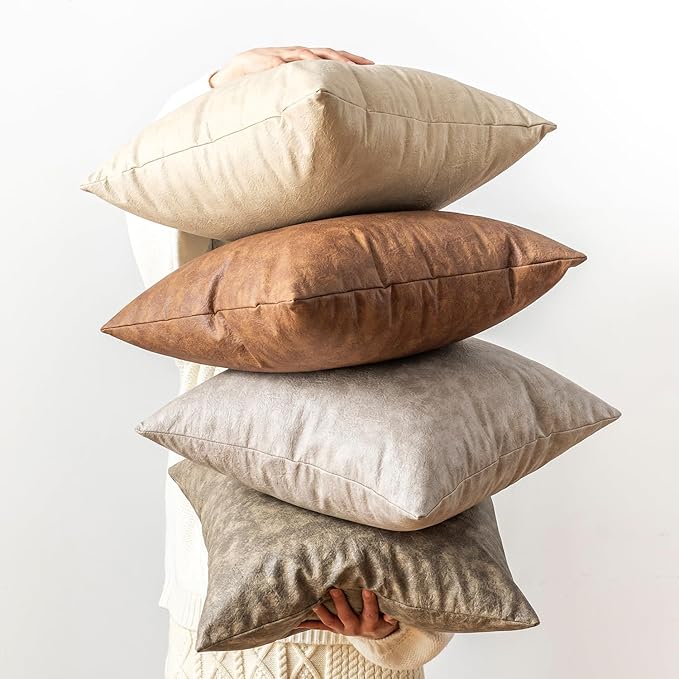 Oversized Leather Pillow Covers Vintage Decorative, Pack of 2 Square Rustic Abrasion Floor Cushion Covers, for Home Decor Outdoor Waterproof Pet Hair Resistant Pillow Covers 26x26 inch Brown