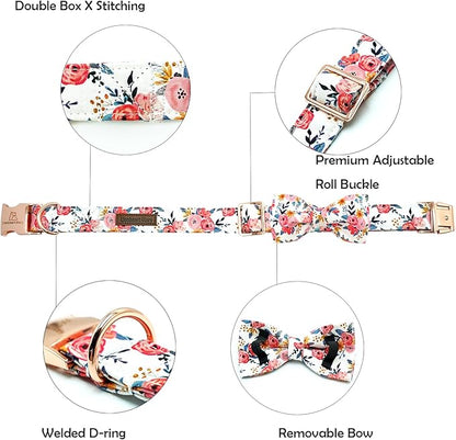 Lionheart glory Dog Collar Bow Collar Floral Dog Collar with Bow Tie Spring Summer Cute Collar Dog Boy or Girl Dog Collars Soft Durable Adjustable Dog Collars for Large Dogs