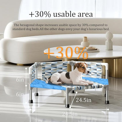 Elevated Dog Bed with Guardrail, Cooling Outdoor Pet Cot with 3-Sided Fence，Raised Dog Cot with 6-Metal Frame (Small)