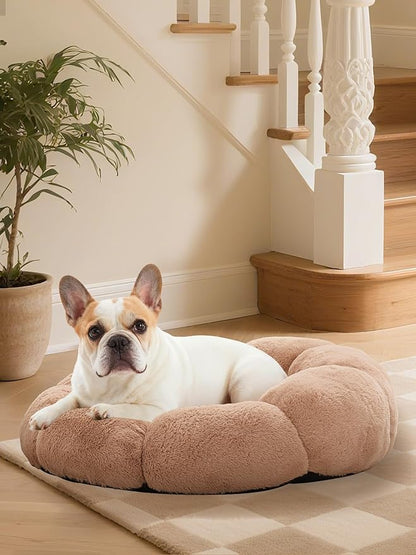 OhGeni 27 inches Calming Donut Dog & Cat Bed for Medium Pets, Warming Comfort Fluffy Short Pile Fur, Durable Machine Washable, Cute Round Bed for Puppy and Kitten, Camel