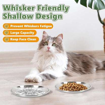 6-Pack Stainless Steel Cat Food Bowls, Shallow Whisker-Friendly Non-Slip Silicone Base Metal Dishes, Easy to Clean Indoor Feeding Flat Plates for Cat, Kitten, Small Dog (6.7")