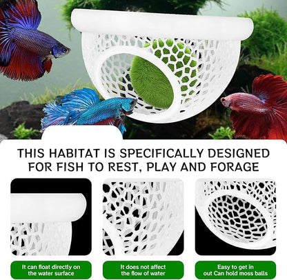 Aquarium Betta Fish Feeding Station, Floating Ring with Cave Hammock, Fish Hide Decoration, White