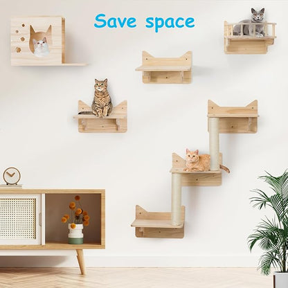 Cat Wall Shelves for Large Cats – Pine Cat Wall Furniture 9-Piece Climber Set with House, Ladder & Scratching Posts, Space-Saving, Sturdy, Supports Multiple Cats
