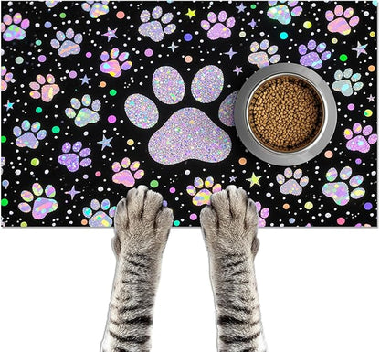 Pet Feeding Mat 24x16 inch Glitter Paw Print Pet Bowl Placemat Non Slip Floor Mat for Food and Water Indoor Pet Feeding Station Cute Meal Pad for Small Cats and Dogs Kitchen Use
