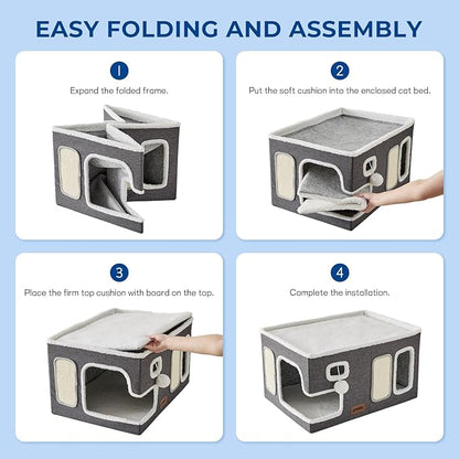 Extra-Wide Cat House for Indoor Cats - Large Cat House for Pet with Fluffy Ball Hanging and Scratch Pad, Foldable Cat Hideaway for Multi Cats, 23x16.5x13 inches, Grey