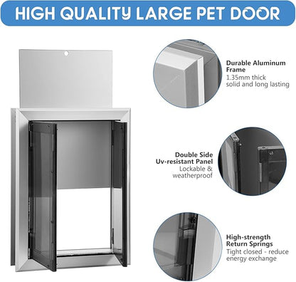 Large Dog Door, Weatherproof Aluminum Dog Door with Automatic Closing Double Panels Easy to Install Pet Door for Large Dogs and Cats, Closing Panel Included