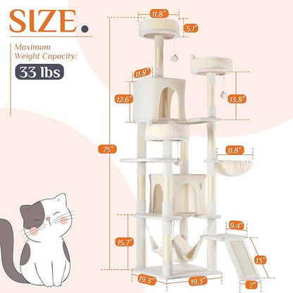 Sweetcrispy Cat Tree 75 Inch, Large Multi-Level Tall Cat Tree Tower with Condo, Perches, Sisal Scratching Posts Board and Hammock, Pet Play House with Dangling Balls for Indoor Cats, Beige